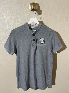 vintage Men's Abercrombie & Fitch grey henley polo shirt with a graphic patch